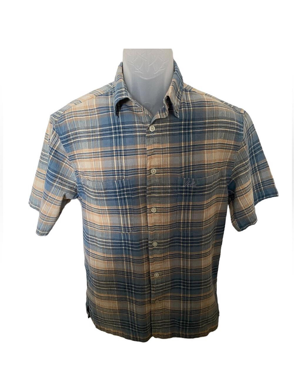 HOBIE Surf Plaid Light Blue & Tan Short Sleeve Collared Shirt Men S Small